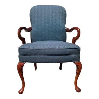 1970s Blue Upholstered Mahogany Queen Anne Style Arm Chair For Sale