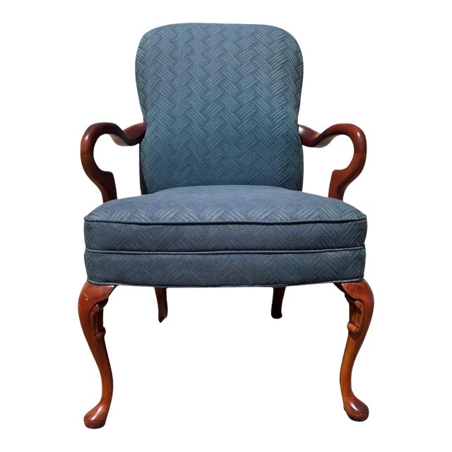 1970s Blue Upholstered Mahogany Queen Anne Style Arm Chair For Sale