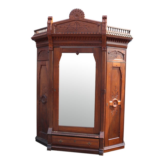 Antique Carved Walnut American Victorian Armoire Attributed to Daniel Pabst For Sale