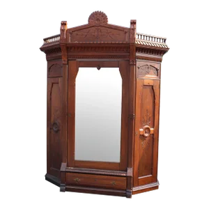 Antique Carved Walnut American Victorian Armoire Attributed to Daniel Pabst