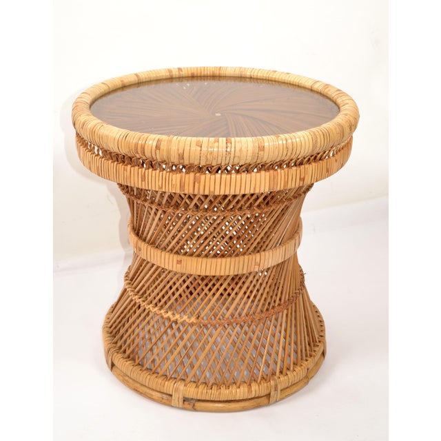 All handwoven wicker and rattan drum table, side table, drink table or stool with smoked Glass insert in Bohemian period...