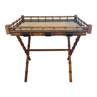 Vintage Faux Bamboo Palm Beach Folding Tray Table With Gallery Rail and Glass Top For Sale