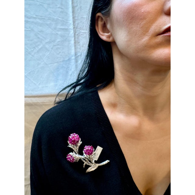 Vintage 14 Kt White Gold Diamond & 18 Ct Pink Sapp Floral Bouquet Broach 30.4 GM For Sale - Image 13 of 18