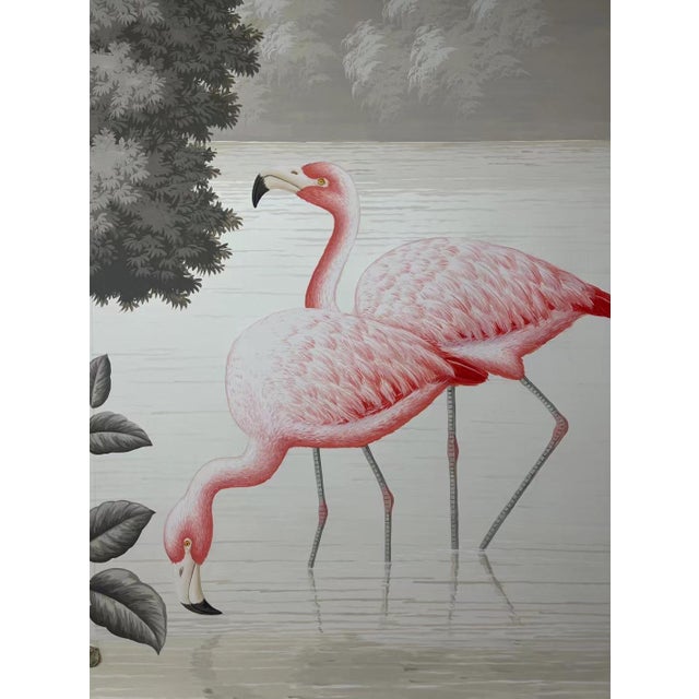 This is a hand-painted scenic wallpaper sample featuring elegant pink flamingos in a tranquil waterside landscape. The...