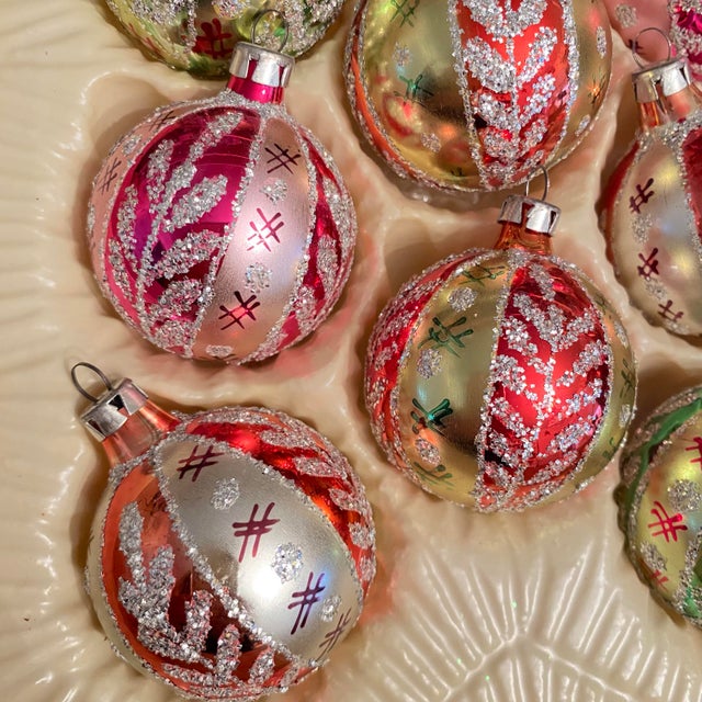 Glass Vintage Glass Christmas Tree Ornaments Made in Romania - Set of 8 in Original Box For Sale - Image 7 of 12