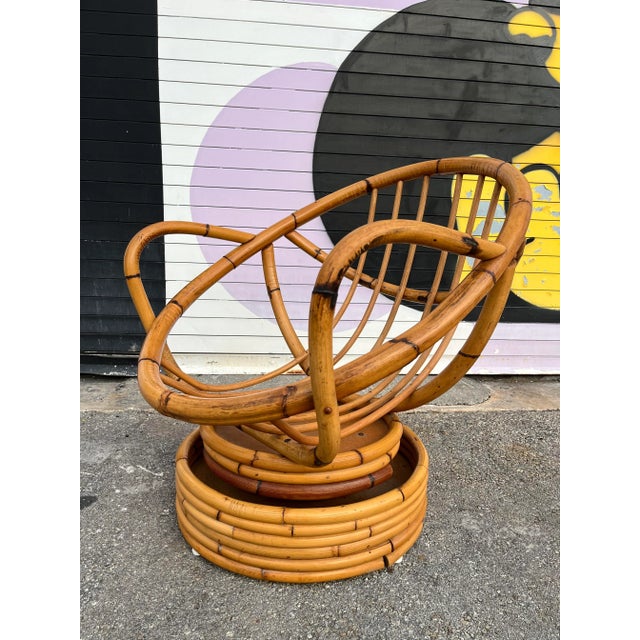 Boho Chic Bent Rattan Swivel Lounge Chair in the Paul Frankl's Style. Circa 1970s For Sale - Image 3 of 12
