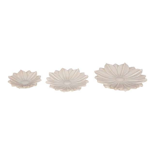 1980s Set of 3 Hand Carved White Marble Lotus Bowls | Decorative Stone Jewelry Catchall Trays | Elegant Flower Centerpiece & Home Decor Gift For Sale