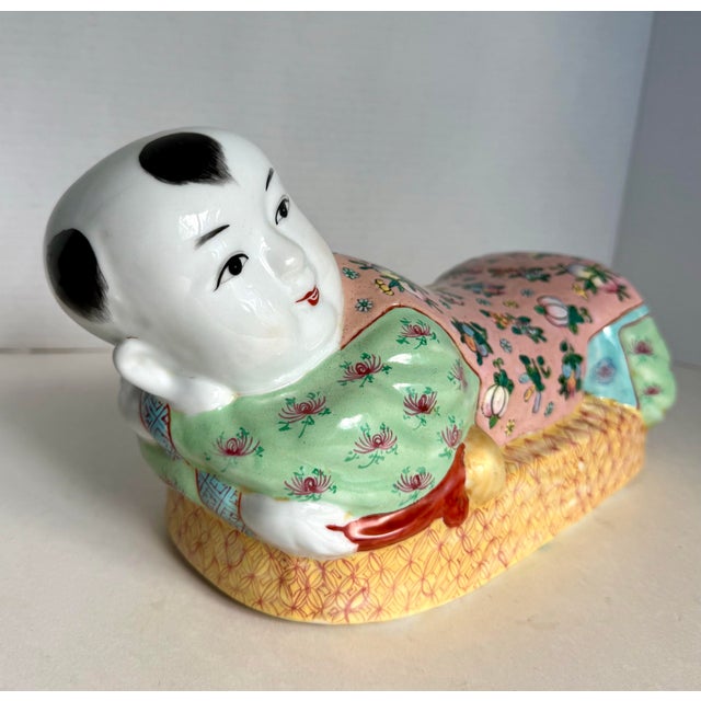 Mid-20th Century Chinese Famille Rose Porcelain Reclining Boy Pillow For Sale - Image 4 of 11