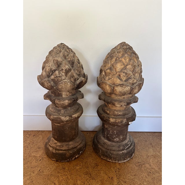 Vintage Pair of Carved Garden Acorns on Pedestal For Sale - Image 11 of 14