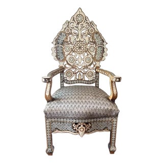 Mid 20th Century Handcrafted Syrian Mother of Pearl & Abalone Inlaid Moorish Armchair | Damascus Style | Carved Hardwood Accent Chair For Sale