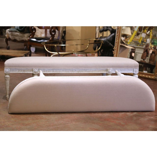 French Pair of 19th Century Louis XVI Painted Upholstered Benches With Rounded Corners For Sale - Image 3 of 11