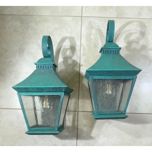 Pair of Vintage Solid Brass Outdoor Lanterns – Arts & Crafts Mission Style For Sale - Image 10 of 13