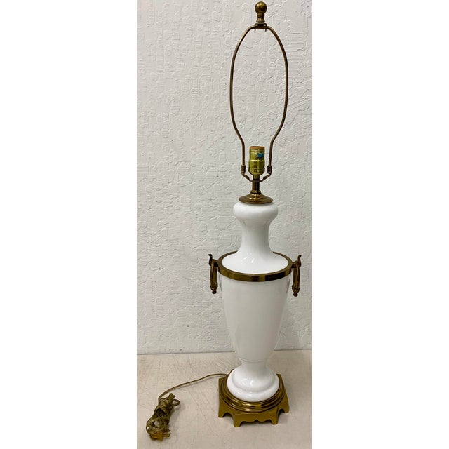 Pair of Hollywood Regency White Glass w/ Brass Mounts Table Lamps c.1950 Gorgeous pair of vintage table lamps. 7" x 7" at...