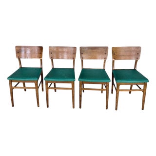 Vintage Oak Dining Chairs with Green Upholstered Seats, Set of 4 For Sale