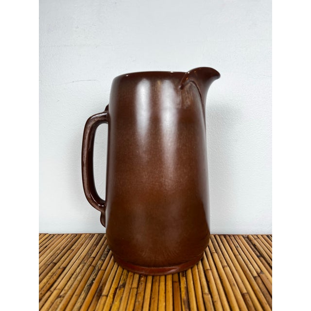 Vintage Frankoma brown pottery pitcher. Mid century deco stoneware pitcher. Warm chocolate brown glaze.