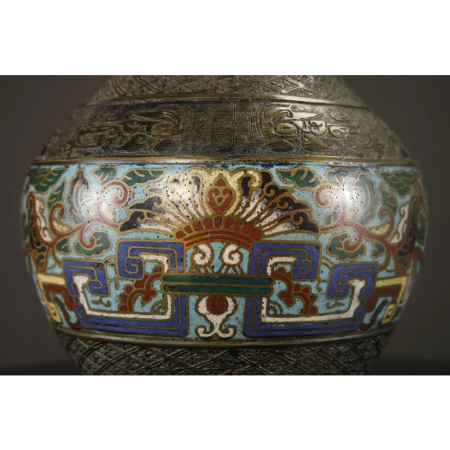 Japanese Cloisonné Bronze Vase With Archaistic Bird Handles, C 1920 to 1940s For Sale - Image 11 of 14