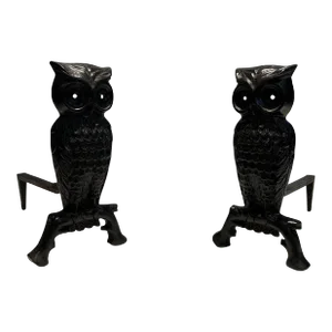 Cast Iron and Wrought Iron Andirons Showing an Owl - A Pair