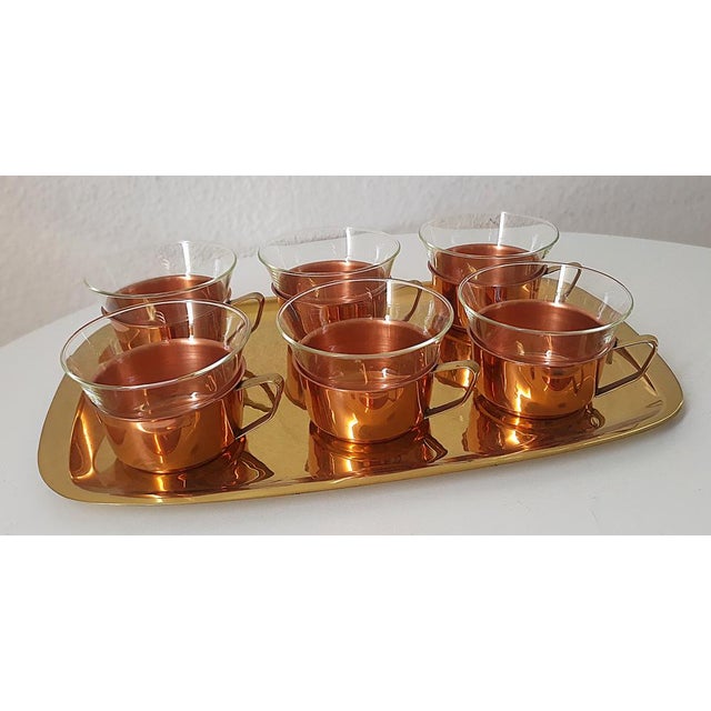 Tea Glasses & Tray in Copper, Brass & Jena Glass from Schott, Mainz, 1960s, Set of 7 For Sale - Image 9 of 11