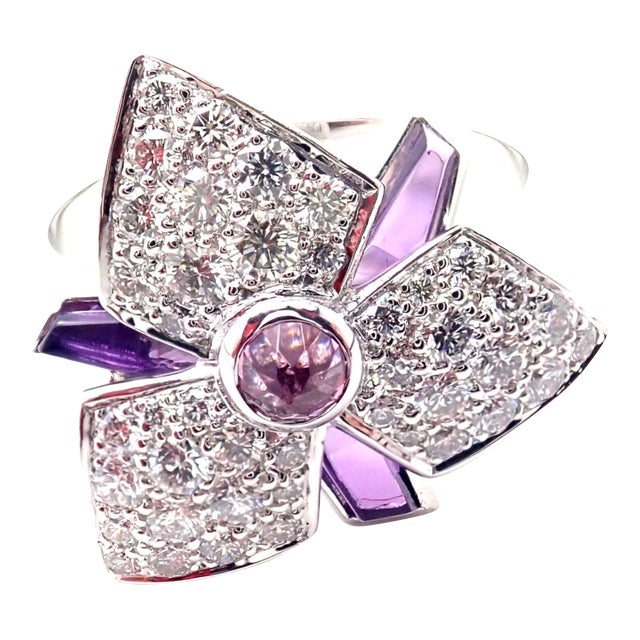 Cartier Caresse D'orchidées Orchid Flower 18k White Gold Diamond Amethyst Ring, size 4.75 For Sale
