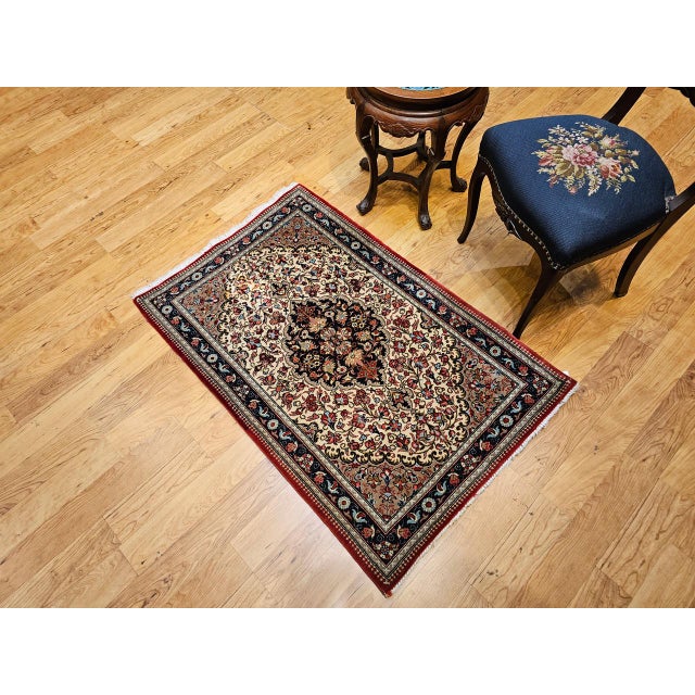 Persian Vintage Persian Isfahan Rug, Hand-Knotted Wool, Floral Pattern, Ivory & Navy, 3x4 For Sale - Image 3 of 15