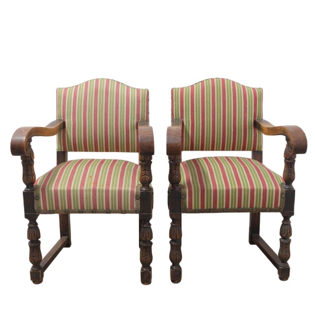 Set of Mid-Century Spanish Chestnut Armchairs, 1940s For Sale