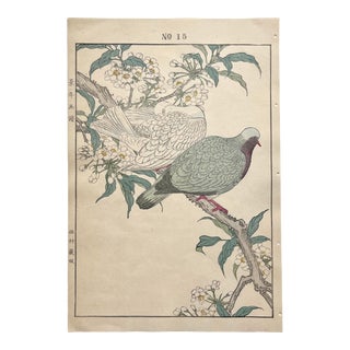 Imao Keinen, "Pigeons and Almond Flower," 1891 First-Edition Antique Japanese Woodblock Print For Sale