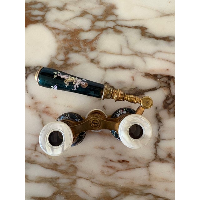 Stunning pair of marked dark green/blue Greviere Paris opera glasses with folding handle c. 1900. Hand painted with...