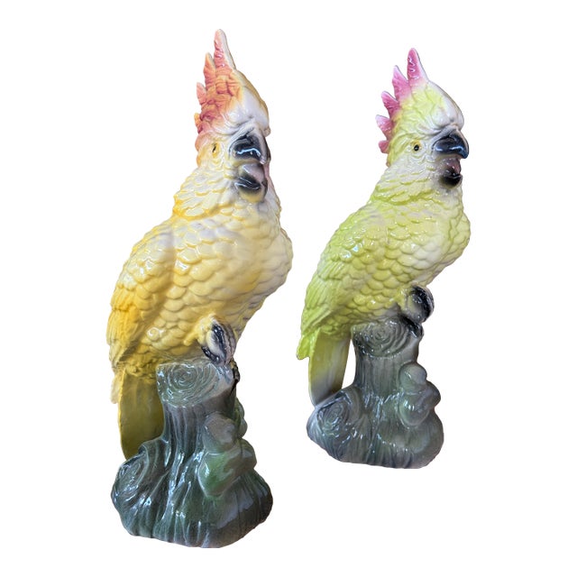 Mid-20th Century California Pottery Cockatoo Figurines – Set of Two For Sale