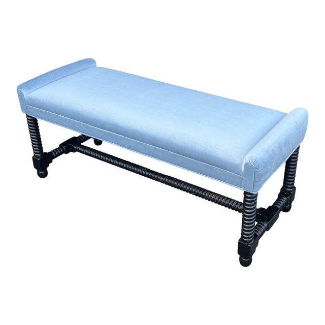 1970s Jacobean Revival Barley Twist Velvet Upholstered Bench For Sale - Image 11 of 11