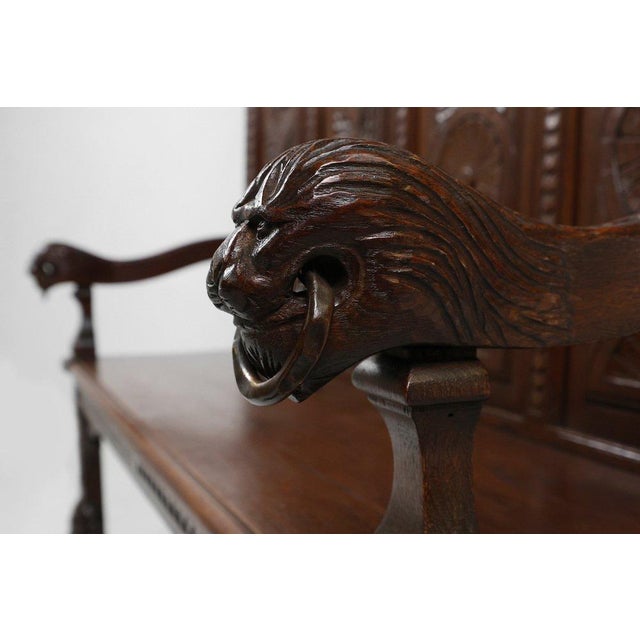 Brown Antique Gothic French Oak Carved High Back Panel Bench, 1700s For Sale - Image 8 of 16