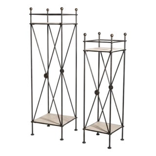 Mid-Century Neoclassical Style Iron & Travertine Plant Stands Pedestals - Set of Two For Sale