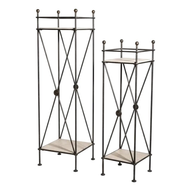 Mid-Century Neoclassical Style Iron & Travertine Plant Stands Pedestals - Set of Two For Sale