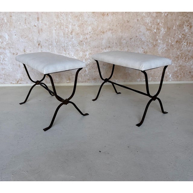 This elegant pair of Spanish gilt iron benches was recently handcrafted by skilled artisans using traditional iron working...