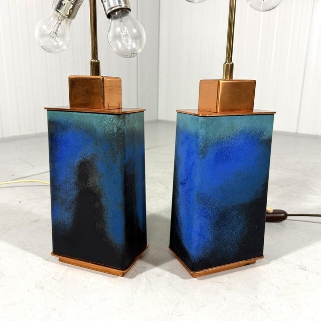 A pair large stylish table lamps. Base made of red copper with beautiful gradient bluegreen lacquer shades, brass stab and...