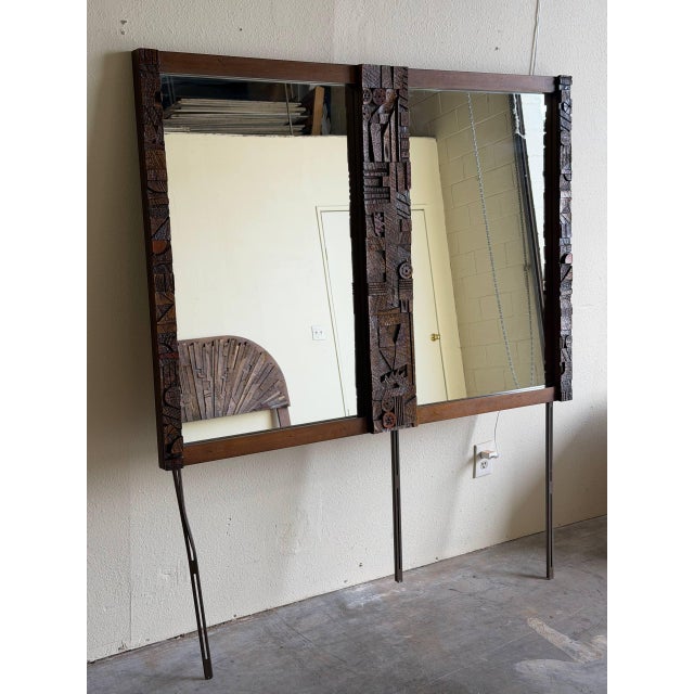 Mid-Century Modern Lane Pueblo Brutalist Oak Wall Mirror – Paul Evans Style Frame 1970s For Sale - Image 3 of 8