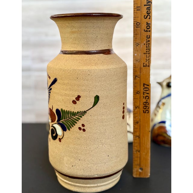 Vintage Tonala Mexico Pottery Vase, Mexican Folk Art Ceramic Hand Painted Owl Floral Sandstone. For Sale - Image 4 of 4