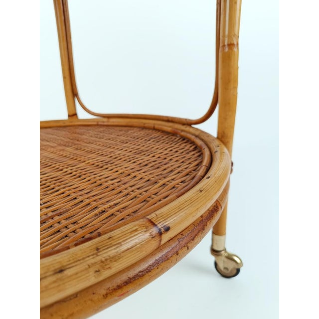 Mid-Century Round Serving Bar Cart Trolley in Bamboo & Rattan, Italy, 1960s For Sale - Image 17 of 18
