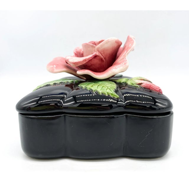 Black 1980's Fitz and Floyd Playing Card Box - Pink Rose Flower Motif For Sale - Image 8 of 13