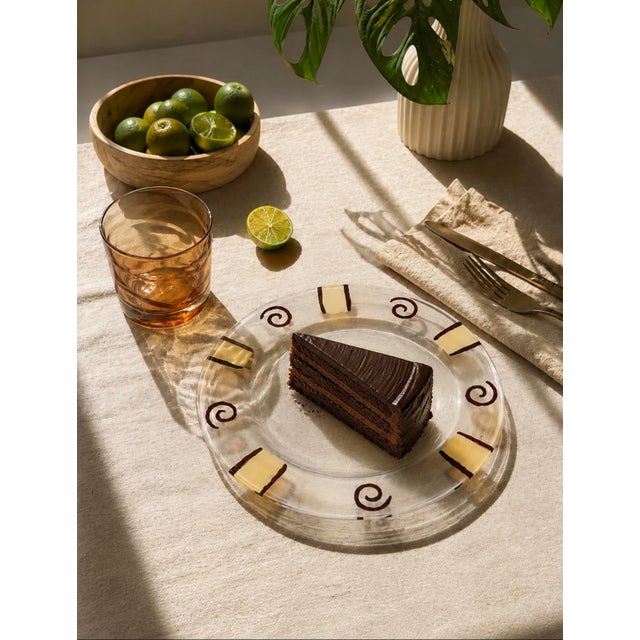 Postmodern Set of 5 Vintage Frosted Glass Appetizer/Salad Plates | Brown Swirl & Cream Block Border | 1990s Postmodern Dinnerware | Retro Side Plates For Sale - Image 3 of 6