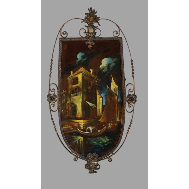 Italian Antique Italian Bronzed Ornate Floral Urn Metal Frame Florentine Painted Venetian Velvet Fabric Wall Hanging Art For Sale - Image 3 of 11