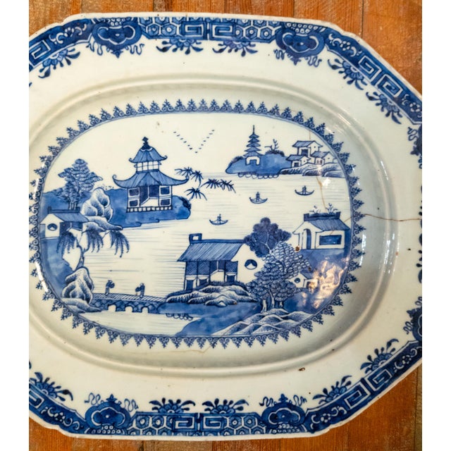 18th Century 18th Century Chinese Blue and White Canton Export Vegetable Tray With Repair For Sale - Image 5 of 12