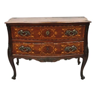 Antique French Louis XV Style Marquetry Inlay Walnut Bombe Commode Chest Dresser For Sale