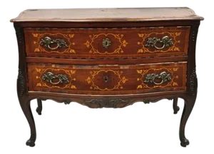 Antique French Louis XV Style Marquetry Inlay Walnut Bombe Commode Chest Dresser