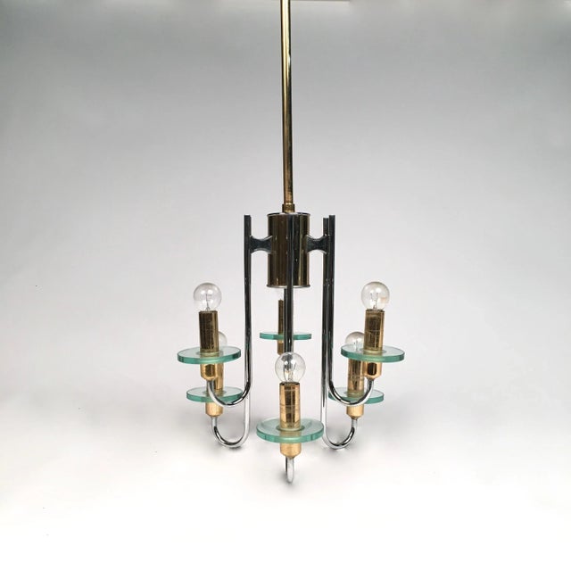 1970s Mid-Century Modern Chrome, Glass & Brass Chandelier by Gaetano Sciolari For Sale - Image 5 of 9