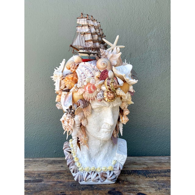 Folk Art Vintage Shell Encrusted Bust of Man With Sailing Ship For Sale - Image 3 of 12
