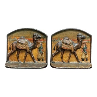 Antique Pair of Hand-Painted Egyptian Revival Cast Iron Bookends - 1880s-1920s For Sale