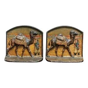 Antique Pair of Hand-Painted Egyptian Revival Cast Iron Bookends - 1880s-1920s