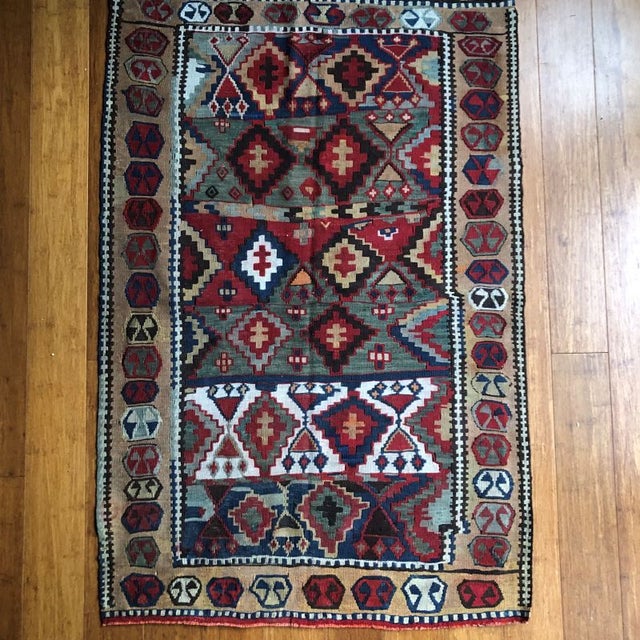 Tribal Rare Antique Kilim Rug | Vibrant Geometric Tribal Design | 3'1" X 4'5" For Sale - Image 3 of 7