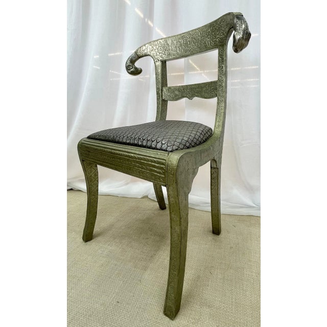 Pair of Neoclassical Side Chairs, Wrapped Metal, Rams Heads, Europe Gustavian For Sale - Image 10 of 13