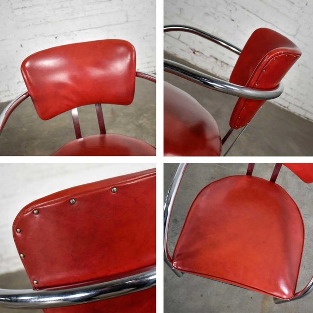 Art Deco Streamline Modern Bauhaus Accent Chair Cantilever Chrome & Red Vinyl Attributed to Kem Weber for Lloyd’s Manufacturing For Sale - Image 11 of 13